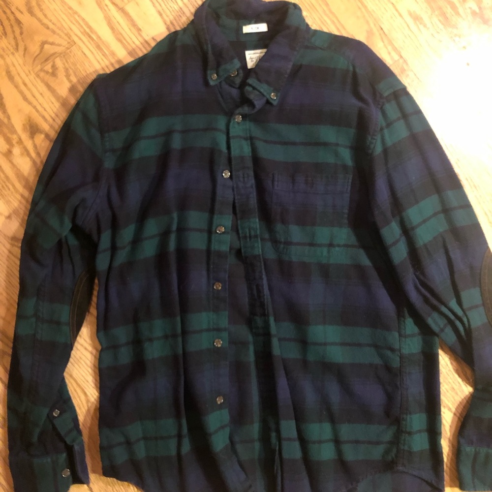 plaid flannel J Crew button up w/ elbow patches.